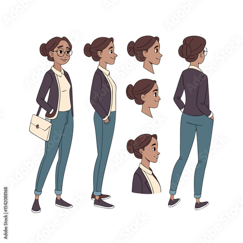 Cartoon Woman Character Design Sheet with Front, Side, and Back Views