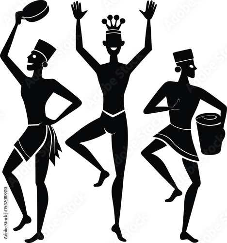 Silhouette of Carnival Dancers: Black & White Vector Art, Festive Celebration, Cultural Performance