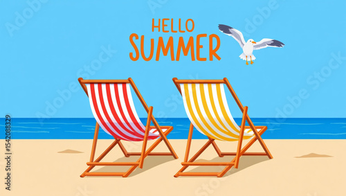 Beach chairs and umbrellas with beach ball, hello summer season, 3d rendering