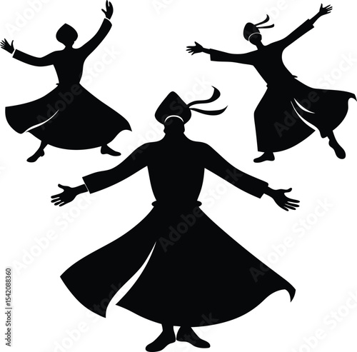 Whirling Dervishes Silhouette Art: Sufi Dancers in Trance, Spiritual Islamic Art Illustration