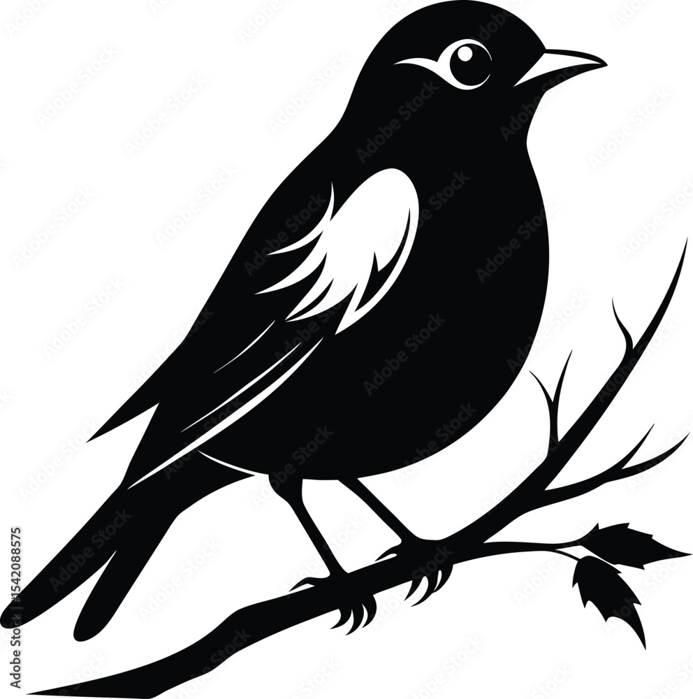 Fototapeta premium Black and White Bird Illustration: Songbird on Branch, Vector Graphic, Nature Art