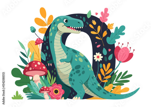 Colorful dinosaur and letter O design with flowers and mushrooms on transparent background copy space
