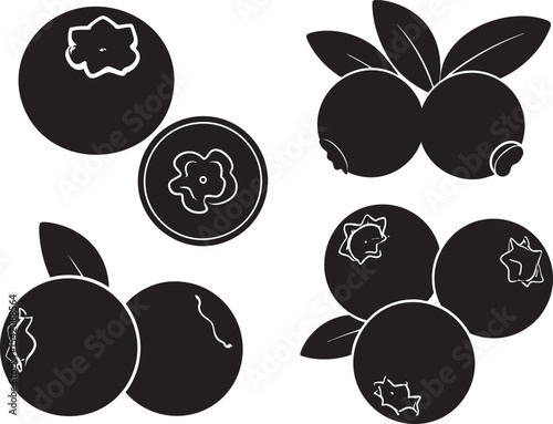 Blueberry Silhouettes Vector Set of Four Poses - Single, Sliced, Top View, and Cluster