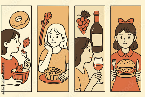 Four illustrations depicting diverse people enjoying various meals together in a lively dining setting.