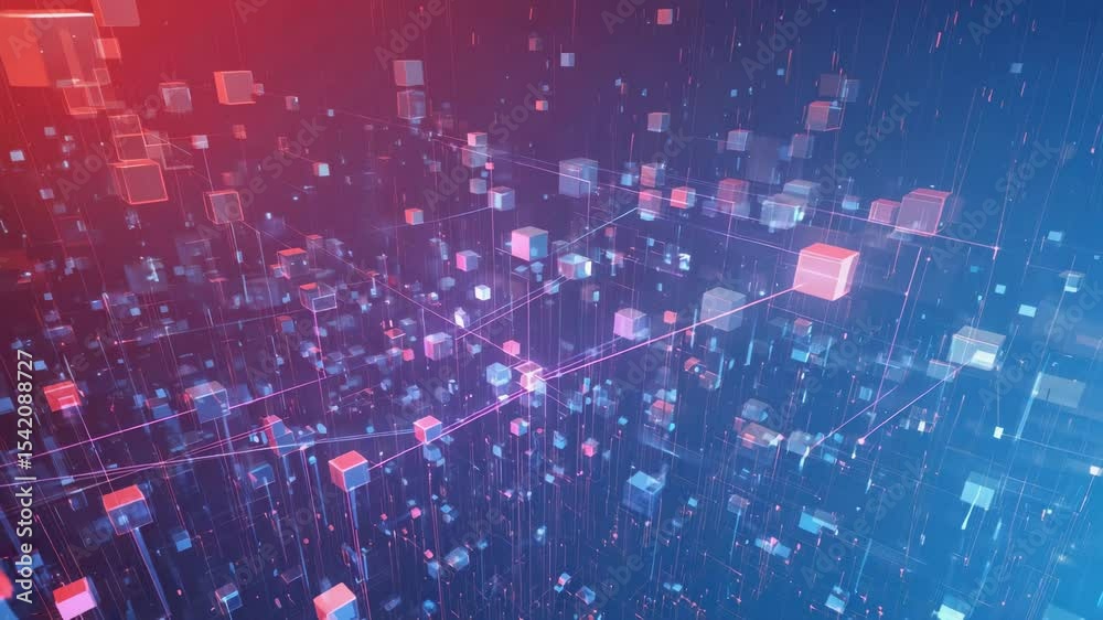 A neon blue-and-pink 3D grid of glowing cubes represents decentralized blockchain data nodes interconnected in a futuristic digital network.