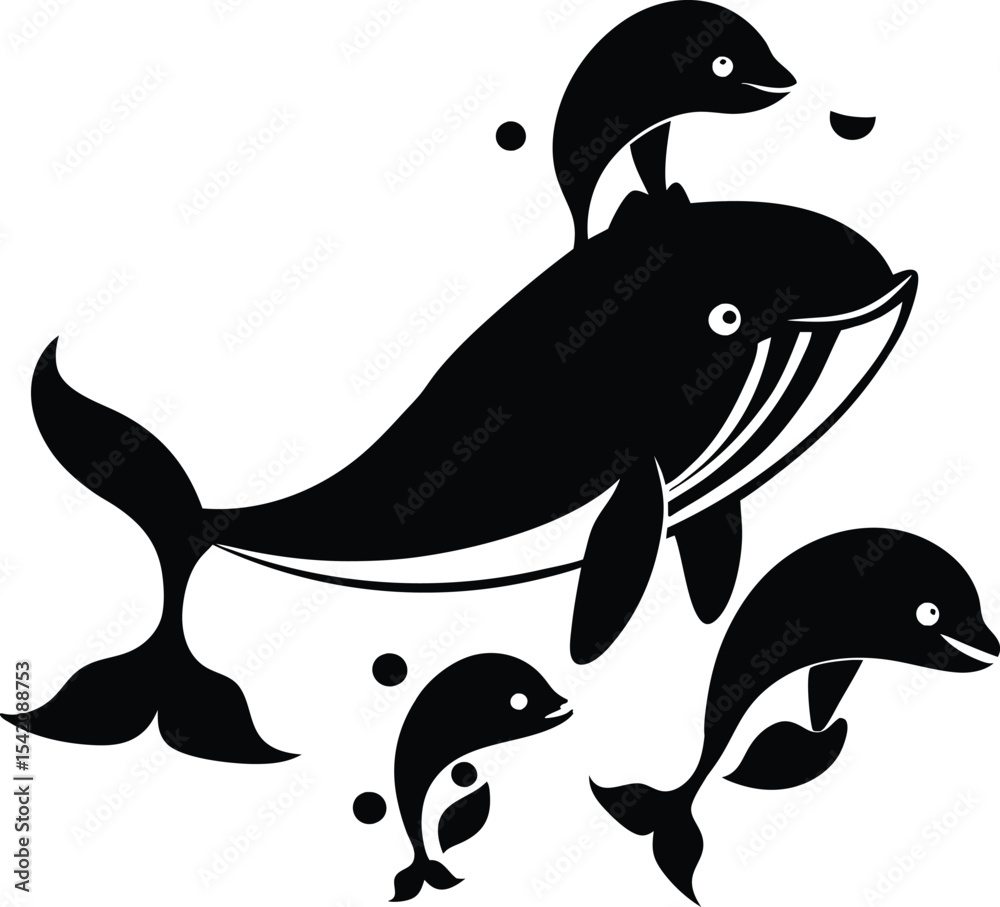 Obraz premium Black and White Whale Family Graphic: Cute Cartoon Whales and Dolphins Illustration