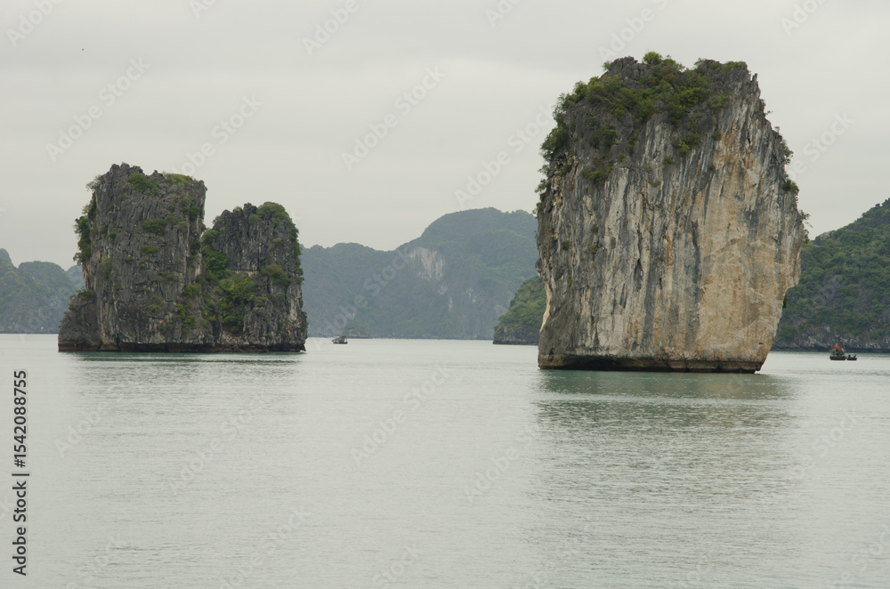 Naklejka premium Limestone cliffs in Lan Ha Bay. Cat Ba Archipelago. Vietnam.