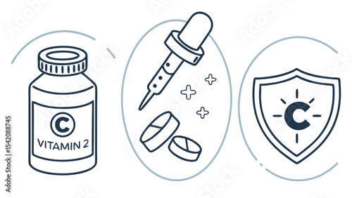 Illustration showing vitamin c bottle dropper pills and shield representing health and immunity support system