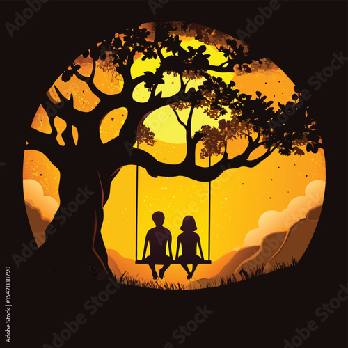 Romantic Couple on Swing Under Tree – Sunset Silhouette Art for Love and Nature Themes