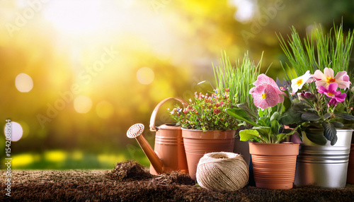 gardening concept garden flowers and plants on a sunny background