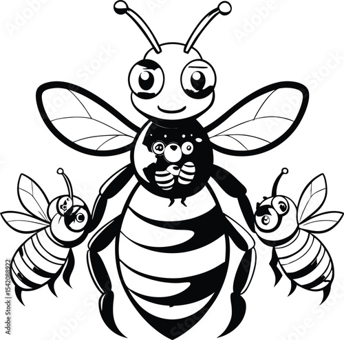 Cartoon Bee Family Illustration: Cute Mother Bee with Baby Bees, Black and White Line Art