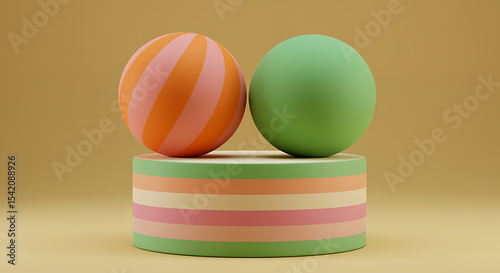 Abstract 3d rendering of two colorful spheres resting on a striped cylinder