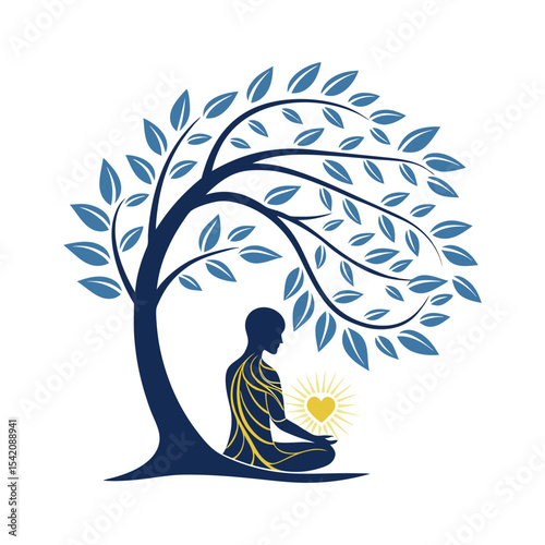 Peaceful Meditation Under Bodhi Tree – Spiritual Yoga Silhouette Illustration.