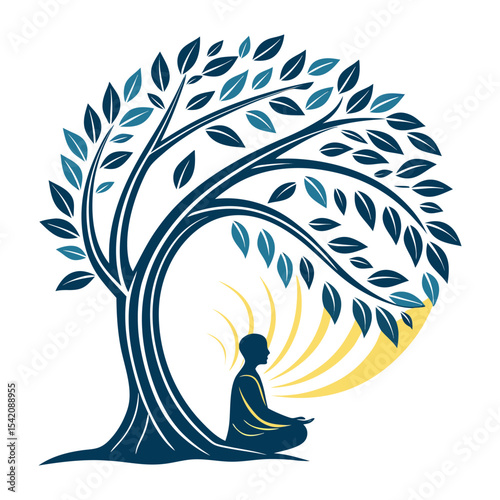 Peaceful Meditation Under Bodhi Tree – Spiritual Yoga Silhouette Illustration.