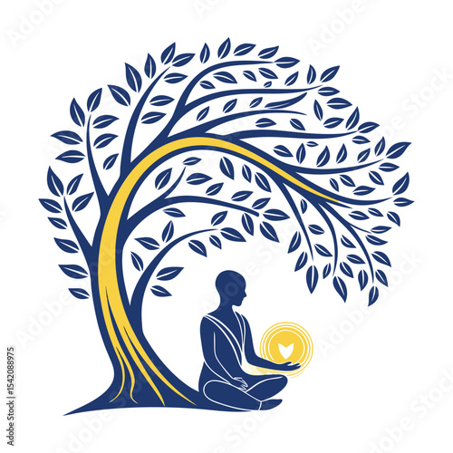 Peaceful Meditation Under Bodhi Tree – Spiritual Yoga Silhouette Illustration.