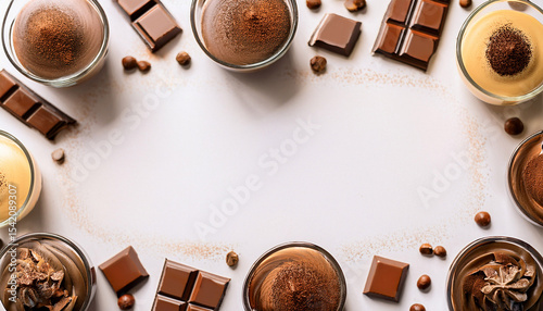 banner mocha mousse frame card with mousse desserts and pieces of chocolate around the perimeter light background