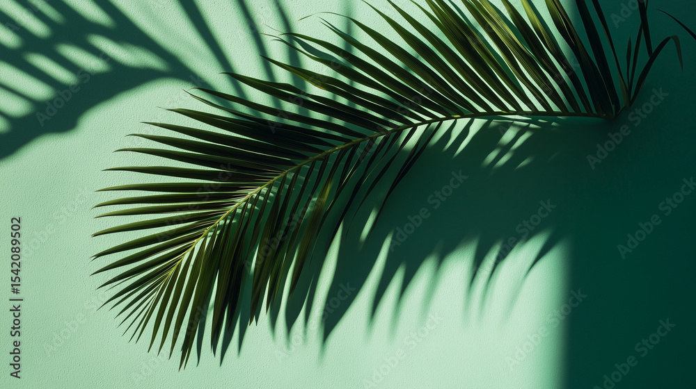 Obraz premium Palm leaf shadow on a green wall background
