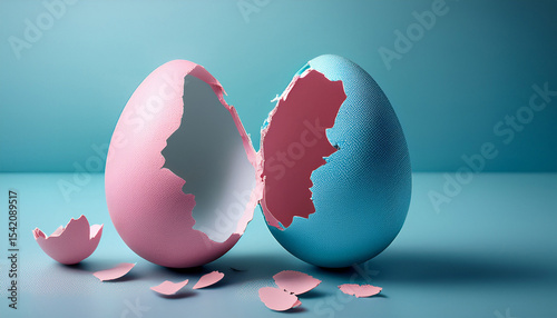 pink and blue easter egg open and cracked in half empty copy space for text or product