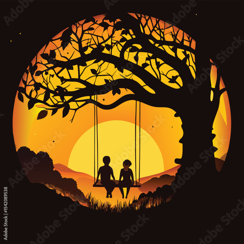 Romantic Couple on Swing Under Tree – Sunset Silhouette Art for Love and Nature Themes