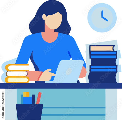 Woman Organizing Paperwork at a Desk – Office Management, Productivity, and Business Task Illustration