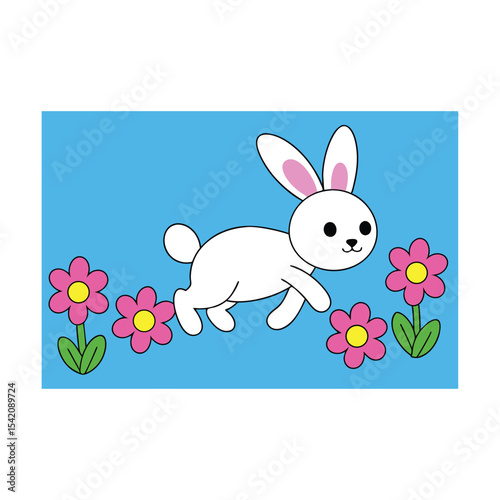 Cartoon Bunny Happily Walking Among Flowers on a Sunny Day in Spring in a Delightful Illustration for Children