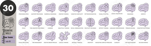 Cognitive skills - thin line icons set, purple fill. Visual processing, logical thinking, creativity, decision-making, curiosity, time management, analytical thinking, reasoning, vector illustration