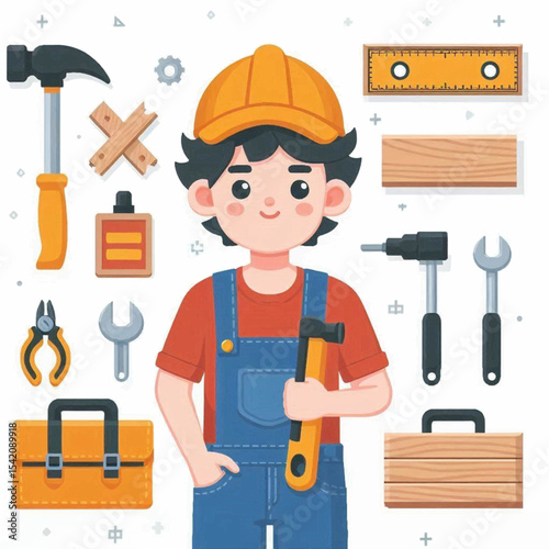Cartoon builder in overalls holding a hammer surrounded by tools