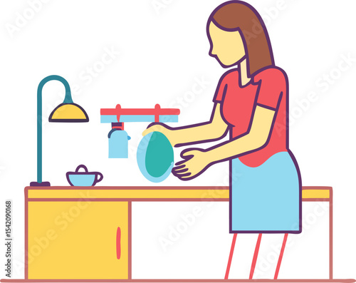 Woman Washing Dishes in the Kitchen – Household Chores and Cleanliness Concept Illustration