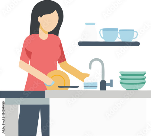 Woman Washing Dishes in the Kitchen – Household Chores and Cleanliness Concept Illustration