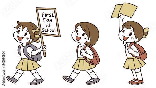 Three girls walking to school one holding a first day of school sign and another holding books up high