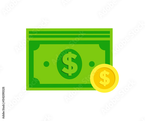 Dollar Bill and gold coins icon. Dollar banknote or money cash bills of paper currency vector design and illustration.