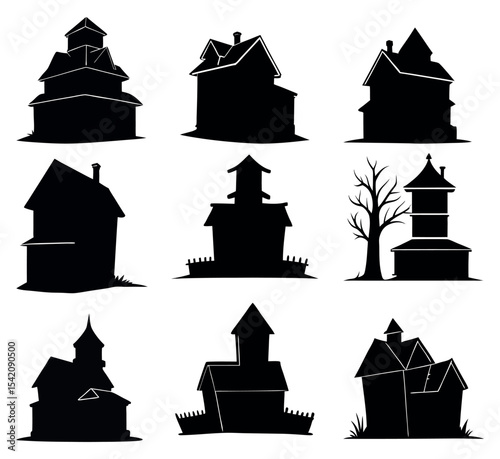 Haunted House Silhouettes Vector | Spooky Halloween Clipart