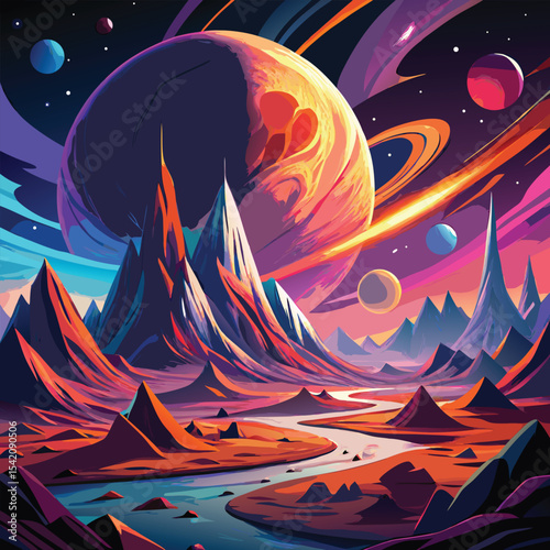 Vibrant alien landscape with massive structure vector design