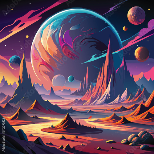 Vibrant alien landscape with massive structure vector design