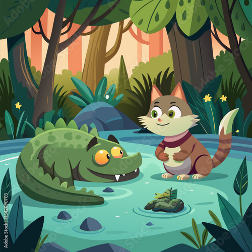 Short Tale About a Crocodile Befriending a Bird – An Unlikely Friendship Story Illustration