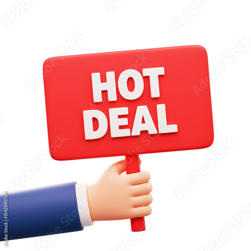 3D illustrator hot deal sign held by hand icon on transparency background for e-commerce, online marketing banner designs concept. 