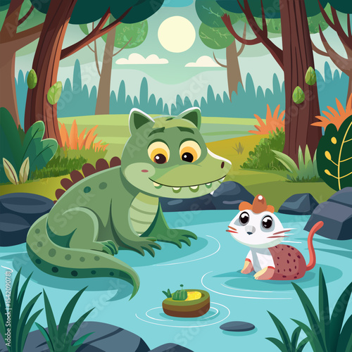 Short Tale About a Crocodile Befriending a Bird – An Unlikely Friendship Story Illustration