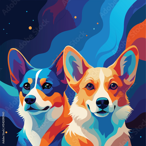 Vibrant painterly portrait of two dogs in blue hues