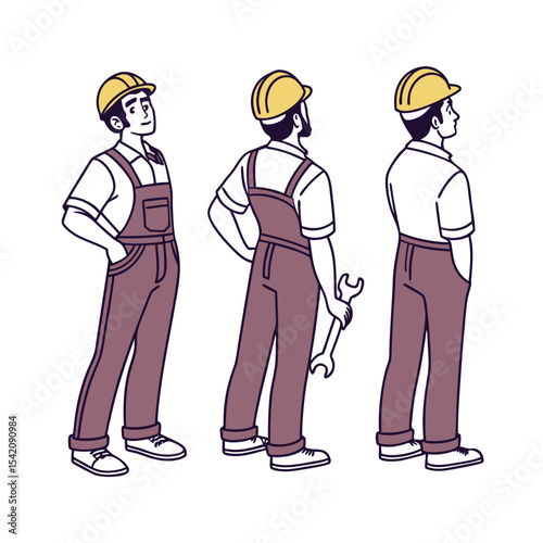 Diverse Construction Workers in Overalls with Hard Hats - Illustrated Characters