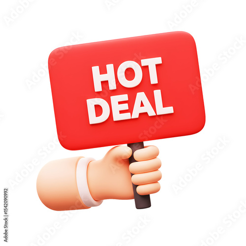 3D illustrator hot deal sign held by hand icon on transparency background for e-commerce, online marketing banner designs concept. 