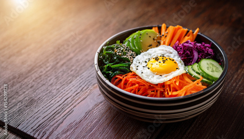colorful bibimbap bowl with egg and fresh vegetables on wooden table