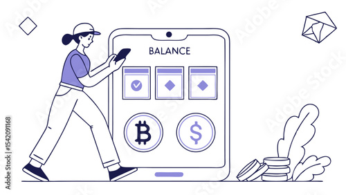 Woman using mobile phone with balance screen displaying bitcoin and dollar symbols with coin stacks nearby