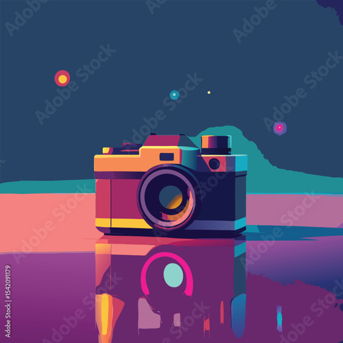 Vintage 35mm film camera on reflective surface