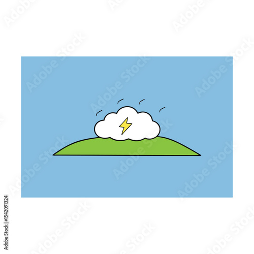 Hillside Thunderstorm A Whimsical Depiction of Nature's Power Resting Calmly on a Serene Green Hill Under a Blue Sky