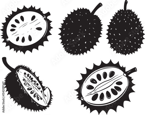 Soursop Fruit Vector Silhouettes Whole, Sliced, and Seed Views -  Perfect for Design Projects