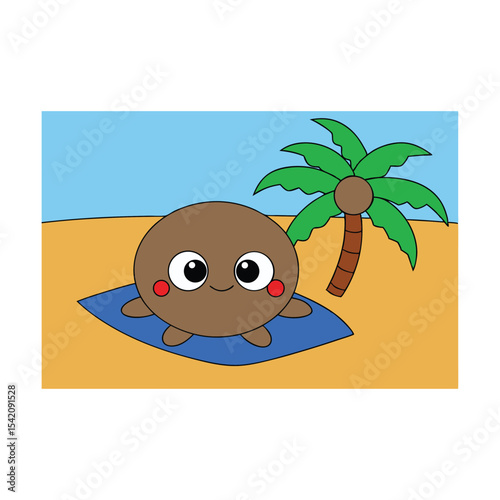 Delightful Coconut Character Relaxing on a Beach Towel Under a Tropical Palm Tree, Embracing a Sunny Getaway
