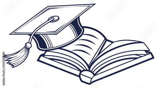 Illustration of an open book with a graduation cap resting on top of it in black and white style art