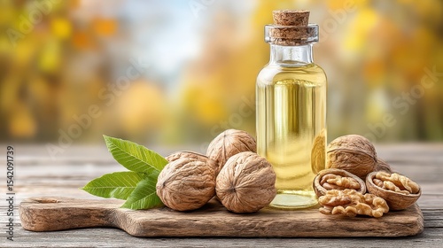 On the right is a bottle of dark golden oil, whole and peeled walnuts, a wooden board.