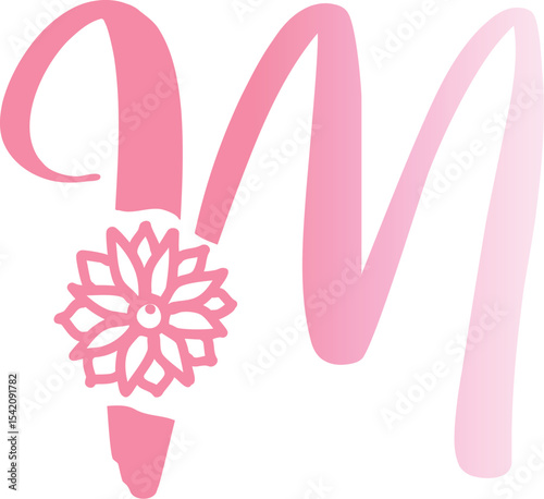 Pink cursive letter M with floral embellishment