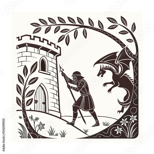 Medieval Knight Facing Dragon Near Castle: Fantasy Adventure Illustration